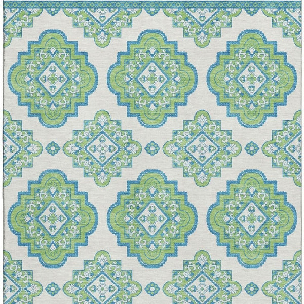 HomeRoots 10' X 14' Vibrant Lime Green, Teal & Ivory Medallion Area Rug - Washable, UV Protected & Durable 669877