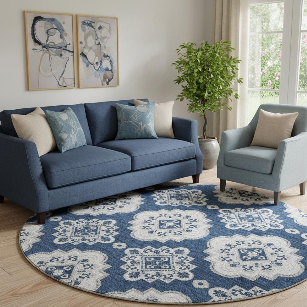 HomeRoots 8' Navy Blue Medallion Round Rug - Washable, UV Protected, Durable & Stain Resistant for Any Space 669880