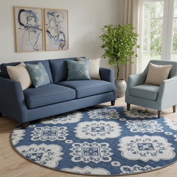 HomeRoots 8' Navy Blue Medallion Round Rug - Washable, UV Protected, Durable & Stain Resistant for Any Space 669880