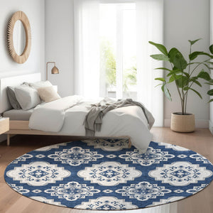 HomeRoots 8' Navy Blue Medallion Round Rug - Washable, UV Protected, Durable & Stain Resistant for Any Space 669880