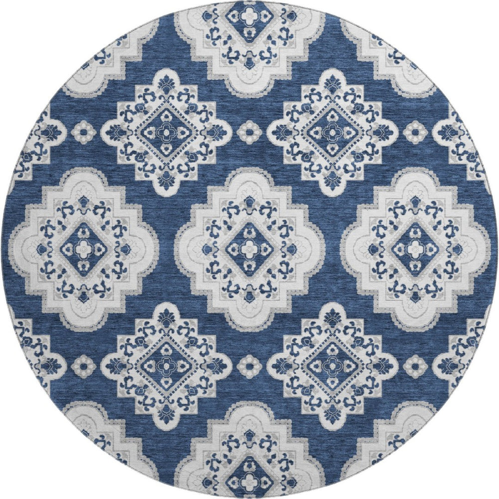 HomeRoots 8' Navy Blue Medallion Round Rug - Washable, UV Protected, Durable & Stain Resistant for Any Space 669880