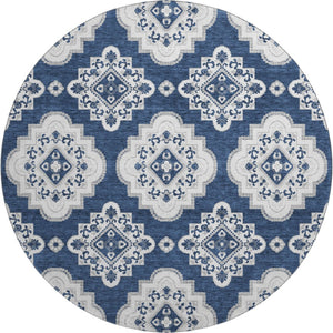 HomeRoots 8' Navy Blue Medallion Round Rug - Washable, UV Protected, Durable & Stain Resistant for Any Space 669880