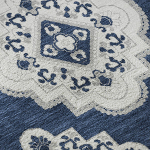 HomeRoots 8' Navy Blue Medallion Round Rug - Washable, UV Protected, Durable & Stain Resistant for Any Space 669880