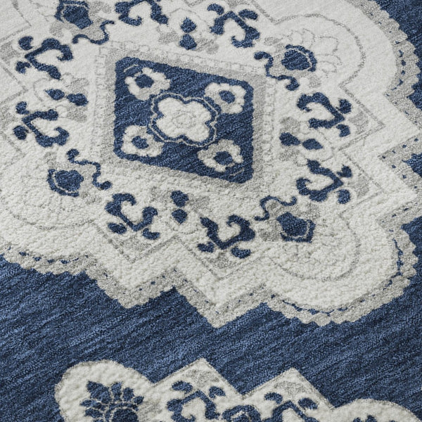 HomeRoots 8' Navy Blue Medallion Round Rug - Washable, UV Protected, Durable & Stain Resistant for Any Space 669880