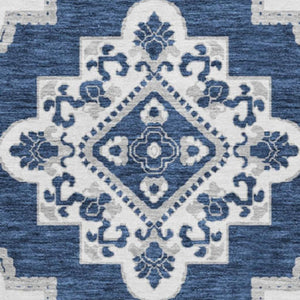 HomeRoots 8' Navy Blue Medallion Round Rug - Washable, UV Protected, Durable & Stain Resistant for Any Space 669880