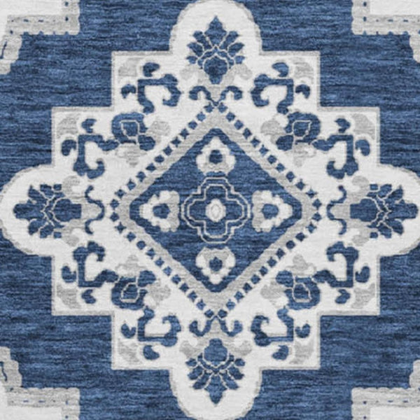 HomeRoots 8' Navy Blue Medallion Round Rug - Washable, UV Protected, Durable & Stain Resistant for Any Space 669880