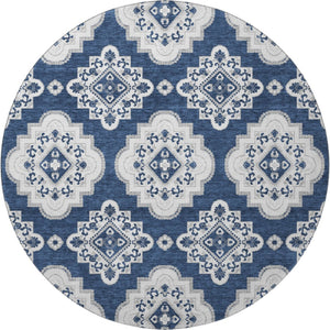 HomeRoots 8' Navy Blue Medallion Round Rug - Washable, UV Protected, Durable & Stain Resistant for Any Space 669880