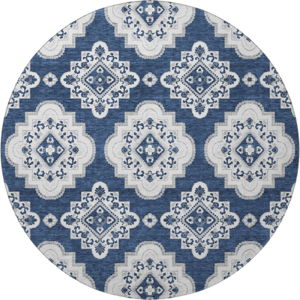 HomeRoots 8' Navy Blue Medallion Round Rug - Washable, UV Protected, Durable & Stain Resistant for Any Space 669880