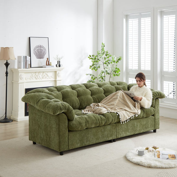 English Elm 99.2" Chenille Modern Deep Seat Sofa with Cloud-Like Cushioning, Zippered Arm Pads & Solid Wood Frame Green W1193S00149