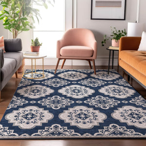 HomeRoots 9' X 12' Navy Blue Medallion Washable Area Rug - UV Protected, Durable, Elegant for Any Space 669882