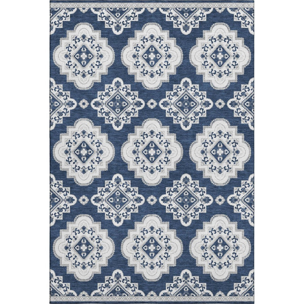 HomeRoots 9' X 12' Navy Blue Medallion Washable Area Rug - UV Protected, Durable, Elegant for Any Space 669882