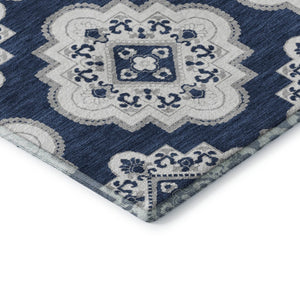 HomeRoots 9' X 12' Navy Blue Medallion Washable Area Rug - UV Protected, Durable, Elegant for Any Space 669882