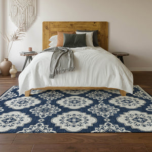 HomeRoots 9' X 12' Navy Blue Medallion Washable Area Rug - UV Protected, Durable, Elegant for Any Space 669882