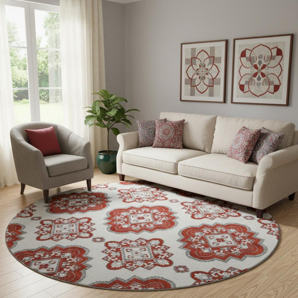 HomeRoots 8' Red and Ivory Medallion Round Rug - Washable, UV Protected, Durable for High-Traffic Areas 669886