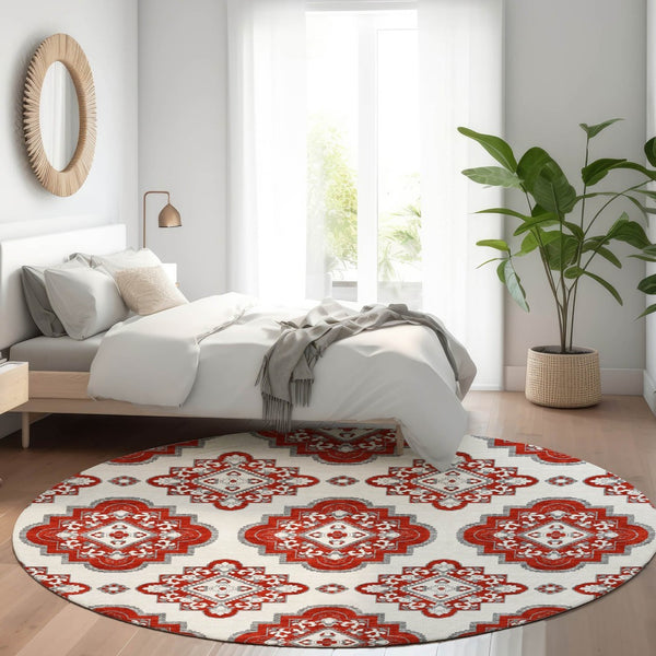 HomeRoots 8' Red and Ivory Medallion Round Rug - Washable, UV Protected, Durable for High-Traffic Areas 669886