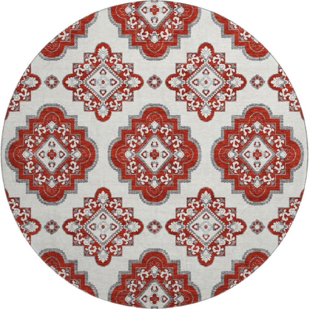 HomeRoots 8' Red and Ivory Medallion Round Rug - Washable, UV Protected, Durable for High-Traffic Areas 669886