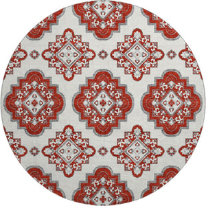 HomeRoots 8' Red and Ivory Medallion Round Rug - Washable, UV Protected, Durable for High-Traffic Areas 669886