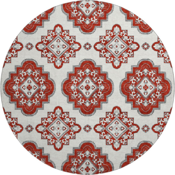 HomeRoots 8' Red and Ivory Medallion Round Rug - Washable, UV Protected, Durable for High-Traffic Areas 669886