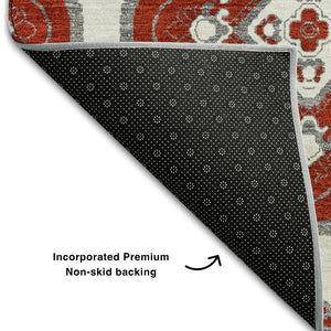 HomeRoots 8' Red and Ivory Medallion Round Rug - Washable, UV Protected, Durable for High-Traffic Areas 669886