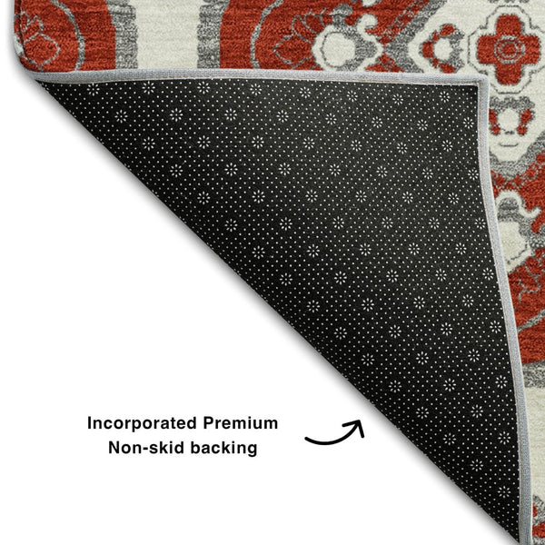 HomeRoots 8' Red and Ivory Medallion Round Rug - Washable, UV Protected, Durable for High-Traffic Areas 669886