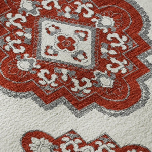 HomeRoots 8' Red and Ivory Medallion Round Rug - Washable, UV Protected, Durable for High-Traffic Areas 669886