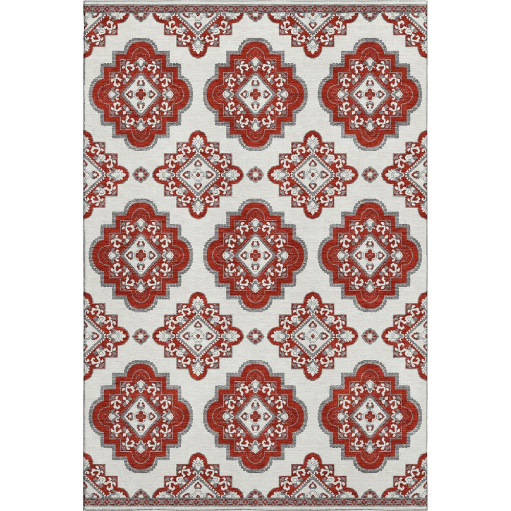 HomeRoots 8' X 10' Red and Ivory Medallion Area Rug - Washable, UV Protected, Durable for Family Homes 669887