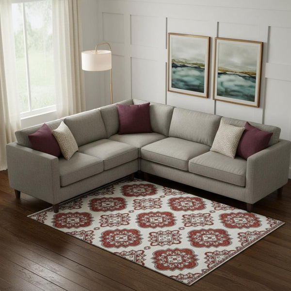 HomeRoots 9' X 12' Red And Ivory Medallion Area Rug - Washable, UV-Protected, Stain-Resistant, Durable Design 669888