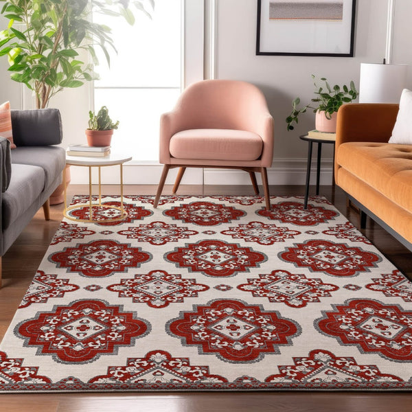 HomeRoots 10' X 14' Red Medallion Area Rug - Washable, UV-Protected, Durable & Stylish for Any Room Decor 669889
