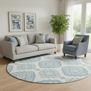 HomeRoots 8' Teal and Ivory Medallion Round Rug – Stylish, Durable, Washable with UV Protection & Stain Resistance 669892