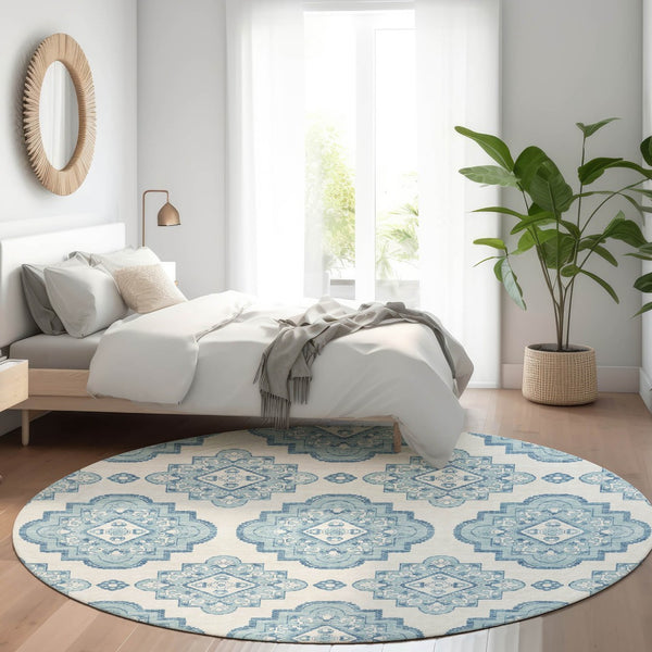 HomeRoots 8' Teal and Ivory Medallion Round Rug – Stylish, Durable, Washable with UV Protection & Stain Resistance 669892