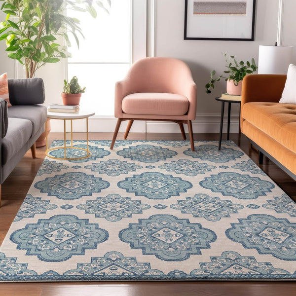 HomeRoots 8' X 10' Teal and Ivory Medallion Area Rug - Washable, UV Protected, Stain Resistant for Busy Homes 669893