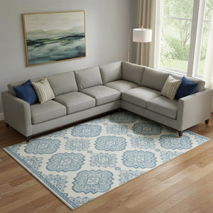 HomeRoots 9' Teal and Ivory Medallion Area Rug - Washable, UV Protected, Durable for Homes with Kids & Pets 669894