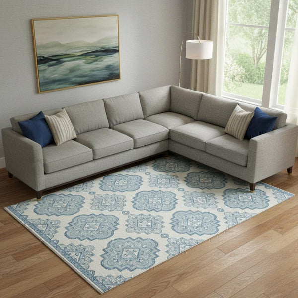 HomeRoots 9' Teal and Ivory Medallion Area Rug - Washable, UV Protected, Durable for Homes with Kids & Pets 669894