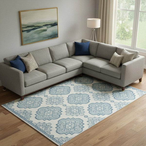 HomeRoots 10' Teal and Ivory Medallion Area Rug - Washable, UV Protected, Stain Resistant for Homes & Patios 669895