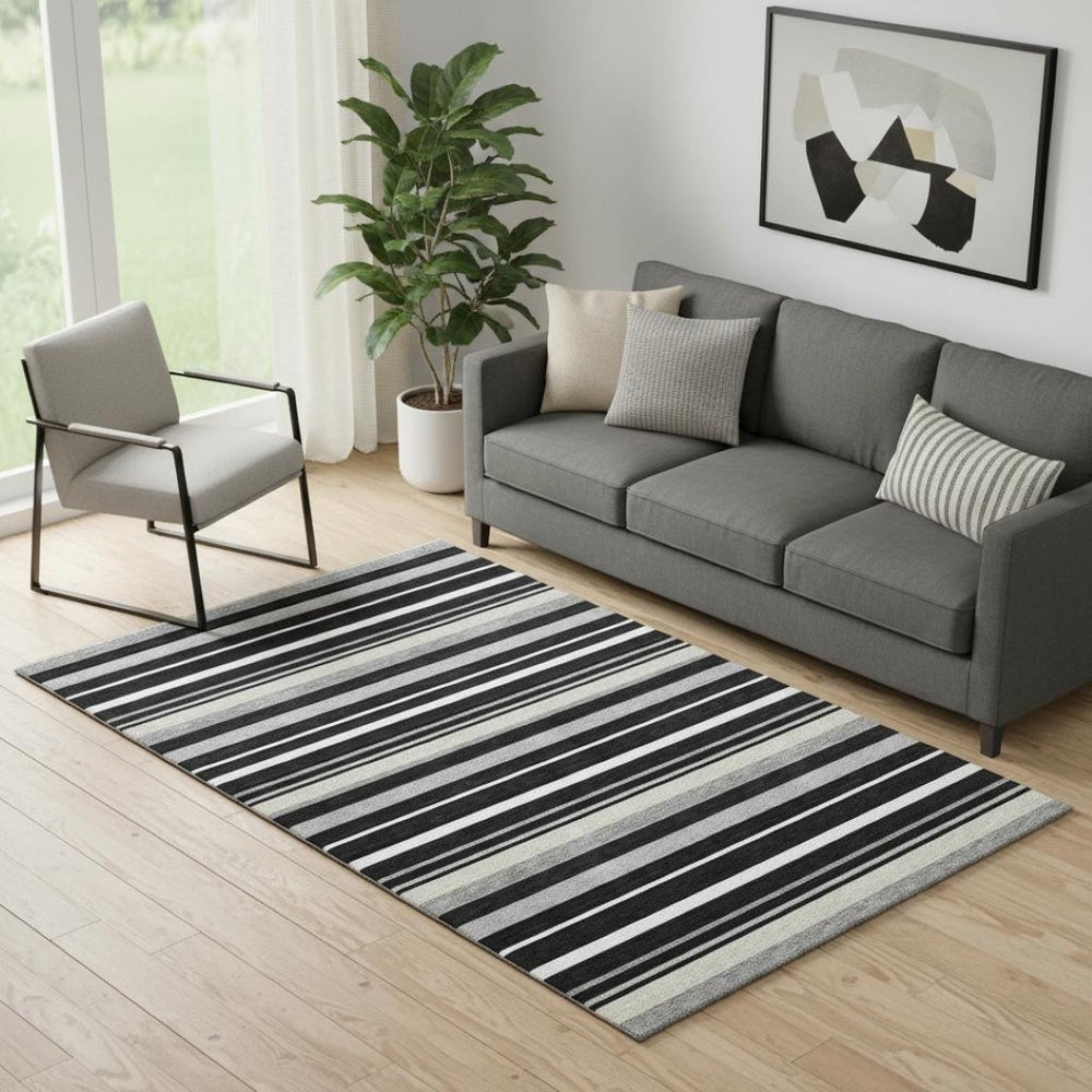 HomeRoots 5' X 8' Stylish Black Ivory Gray Striped Washable Area Rug – Durable, UV-Protected & Easy Care! 669897