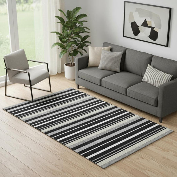 HomeRoots 5' X 8' Stylish Black Ivory Gray Striped Washable Area Rug – Durable, UV-Protected & Easy Care! 669897
