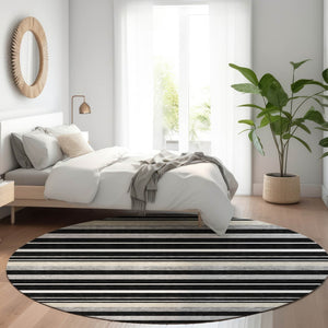 HomeRoots 8' Striped Washable Round Rug in Black, Ivory & Gray with UV Protection for Indoor/Outdoor Use 669898