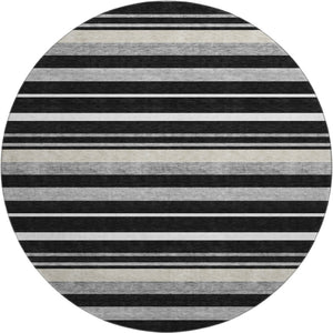 HomeRoots 8' Striped Washable Round Rug in Black, Ivory & Gray with UV Protection for Indoor/Outdoor Use 669898