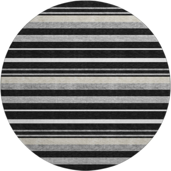 HomeRoots 8' Striped Washable Round Rug in Black, Ivory & Gray with UV Protection for Indoor/Outdoor Use 669898