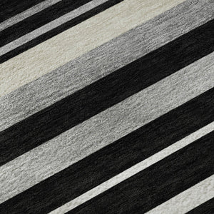 HomeRoots 8' Striped Washable Round Rug in Black, Ivory & Gray with UV Protection for Indoor/Outdoor Use 669898