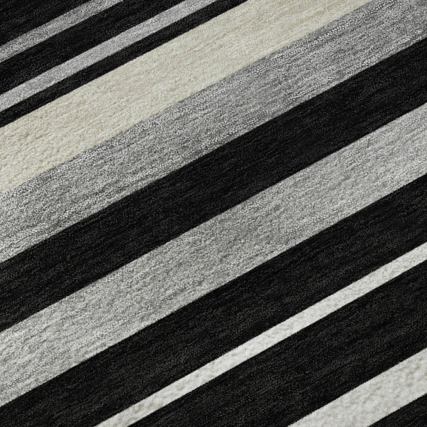 HomeRoots 8' Striped Washable Round Rug in Black, Ivory & Gray with UV Protection for Indoor/Outdoor Use 669898