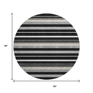 HomeRoots 8' Striped Washable Round Rug in Black, Ivory & Gray with UV Protection for Indoor/Outdoor Use 669898