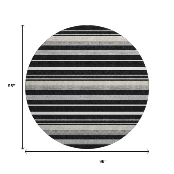 HomeRoots 8' Striped Washable Round Rug in Black, Ivory & Gray with UV Protection for Indoor/Outdoor Use 669898