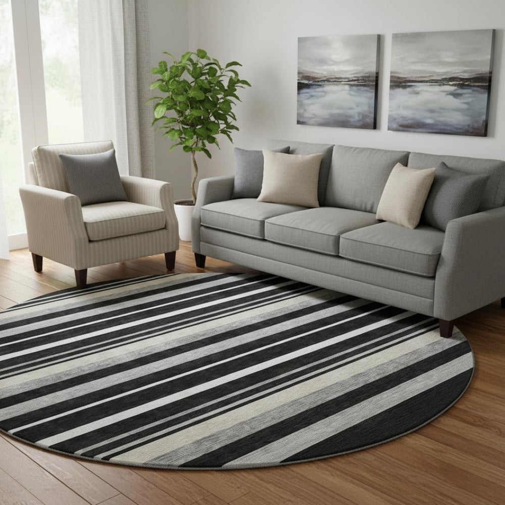 HomeRoots 8' Striped Washable Round Rug in Black, Ivory & Gray with UV Protection for Indoor/Outdoor Use 669898
