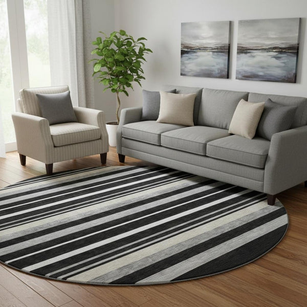 HomeRoots 8' Striped Washable Round Rug in Black, Ivory & Gray with UV Protection for Indoor/Outdoor Use 669898