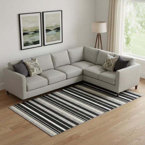 HomeRoots 8' X 10' Striped Area Rug in Black, Ivory & Gray - Washable, UV Protected & Perfect for High-Traffic Spaces 669899