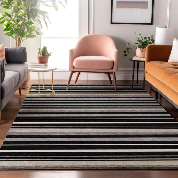 HomeRoots 8' X 10' Striped Area Rug in Black, Ivory & Gray - Washable, UV Protected & Perfect for High-Traffic Spaces 669899
