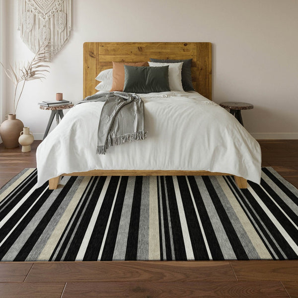 HomeRoots 8' X 10' Striped Area Rug in Black, Ivory & Gray - Washable, UV Protected & Perfect for High-Traffic Spaces 669899