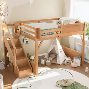 English Elm Twin Low Loft Bed Solid Pine Frame Kids Study Desk Blackboard Storage White Antique Natural W1580S00554