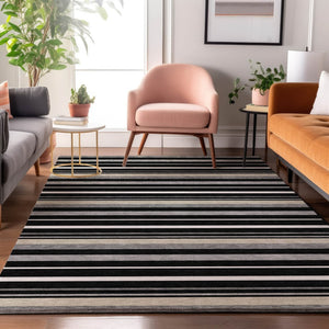 HomeRoots 9' X 12' Modern Black Ivory Gray Striped Area Rug – Washable, UV Protected, Family-Friendly Design 669900